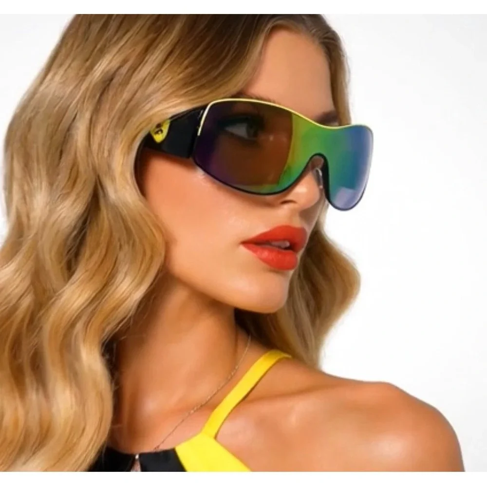 Black and Yellow Shield Sunglasses Mirrored Lens Sporty Racing Wrap Frames Gafas